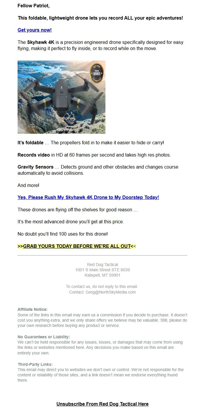 Screenshot of the email generated on import