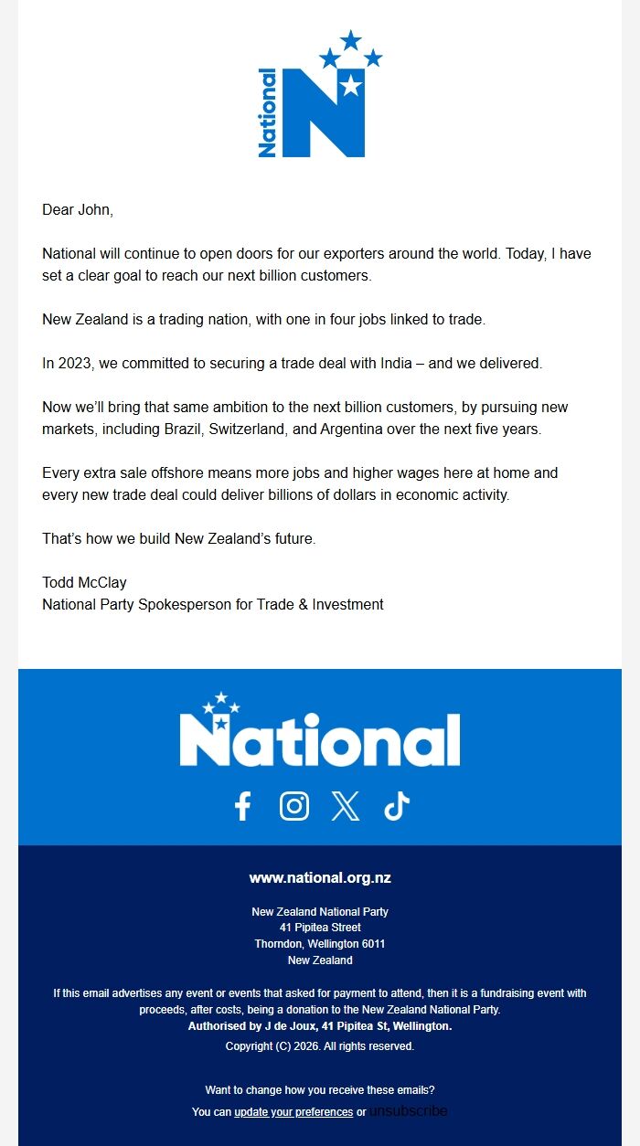 Screenshot of the email generated on import