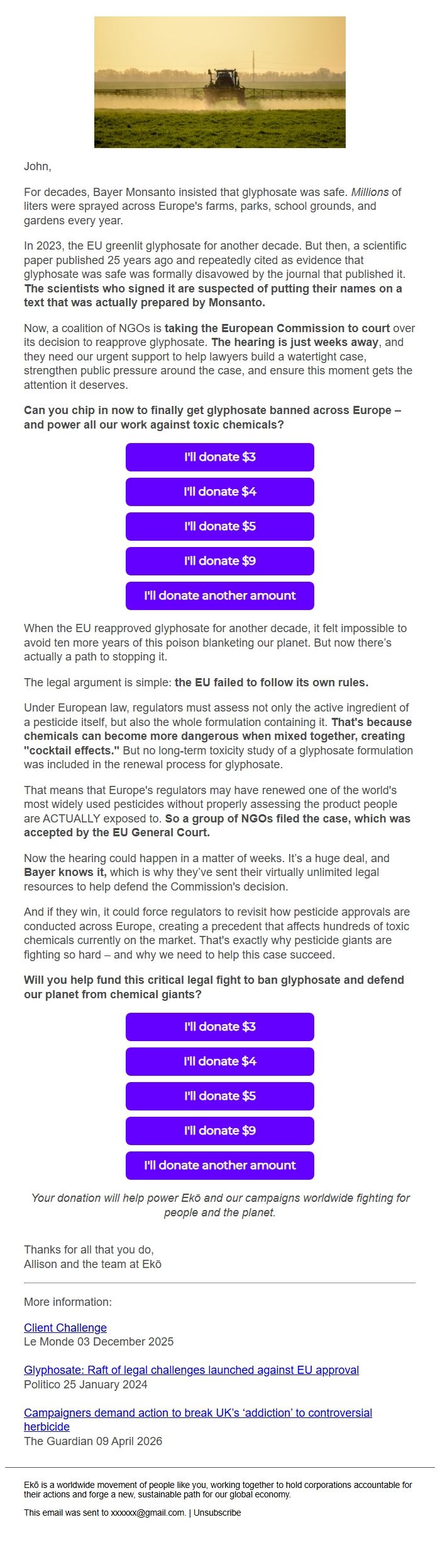 Screenshot of the email generated on import