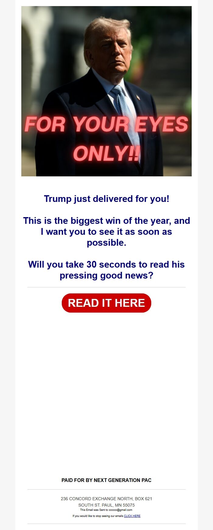 Screenshot of the email generated on import