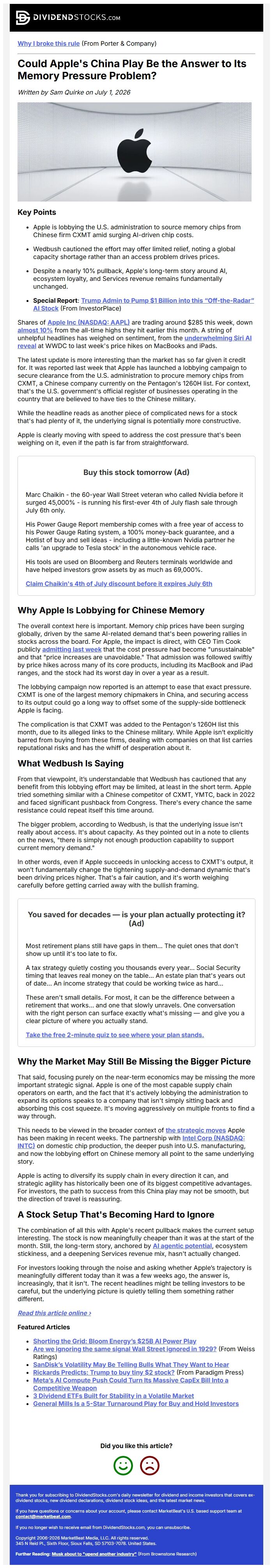 Screenshot of the email generated on import
