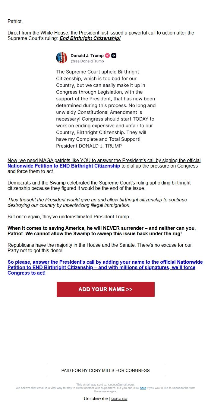 Screenshot of the email generated on import