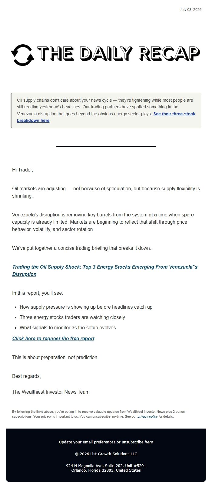 Screenshot of the email generated on import