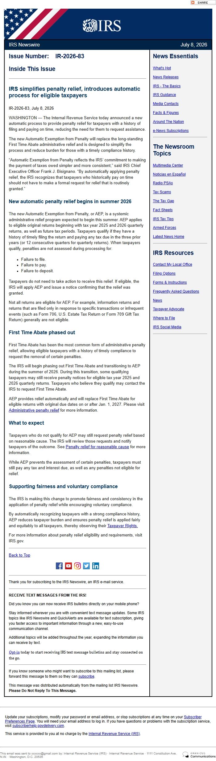 Screenshot of the email generated on import