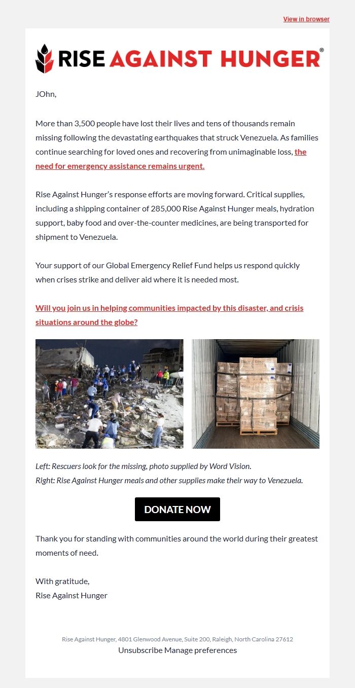 Screenshot of the email generated on import