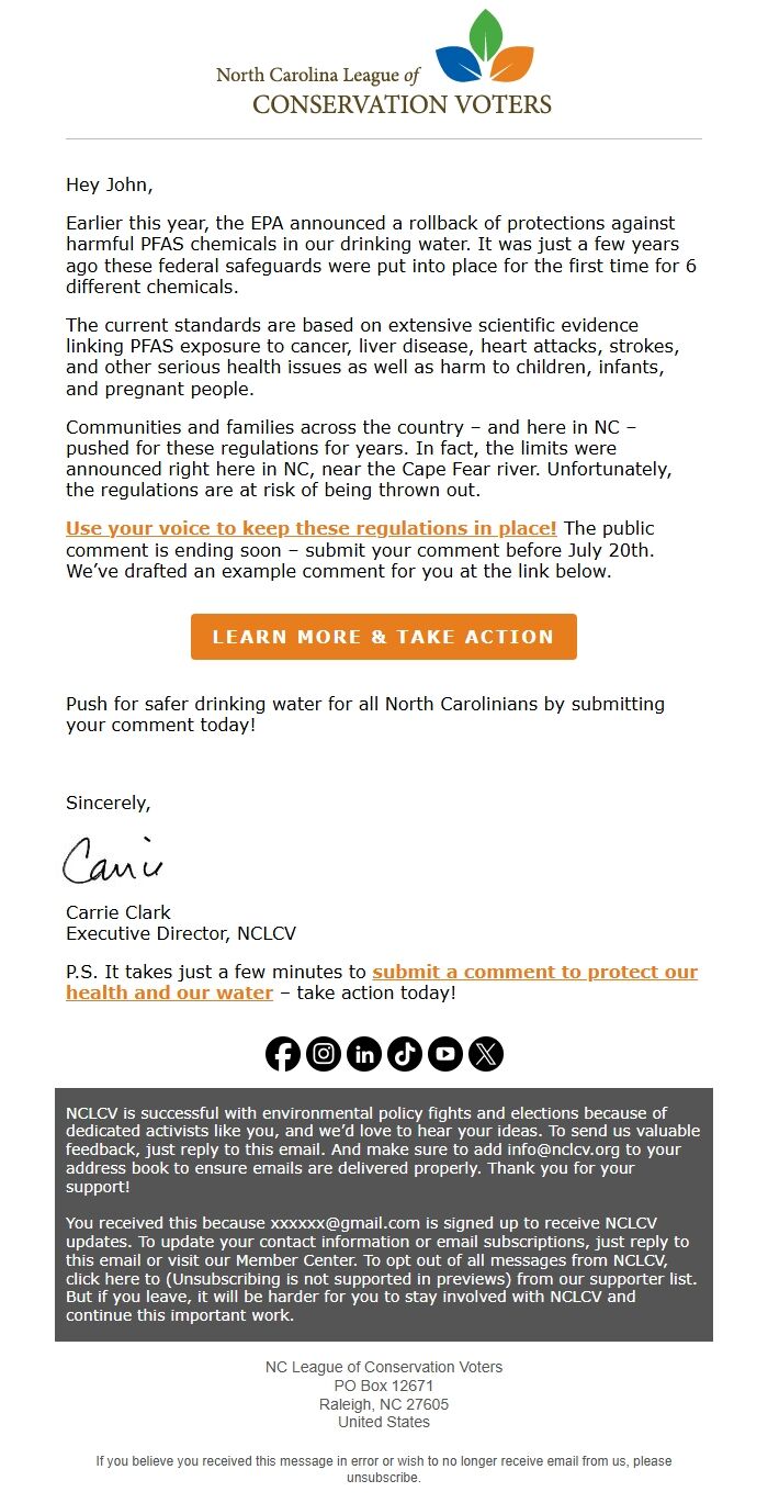 Screenshot of the email generated on import