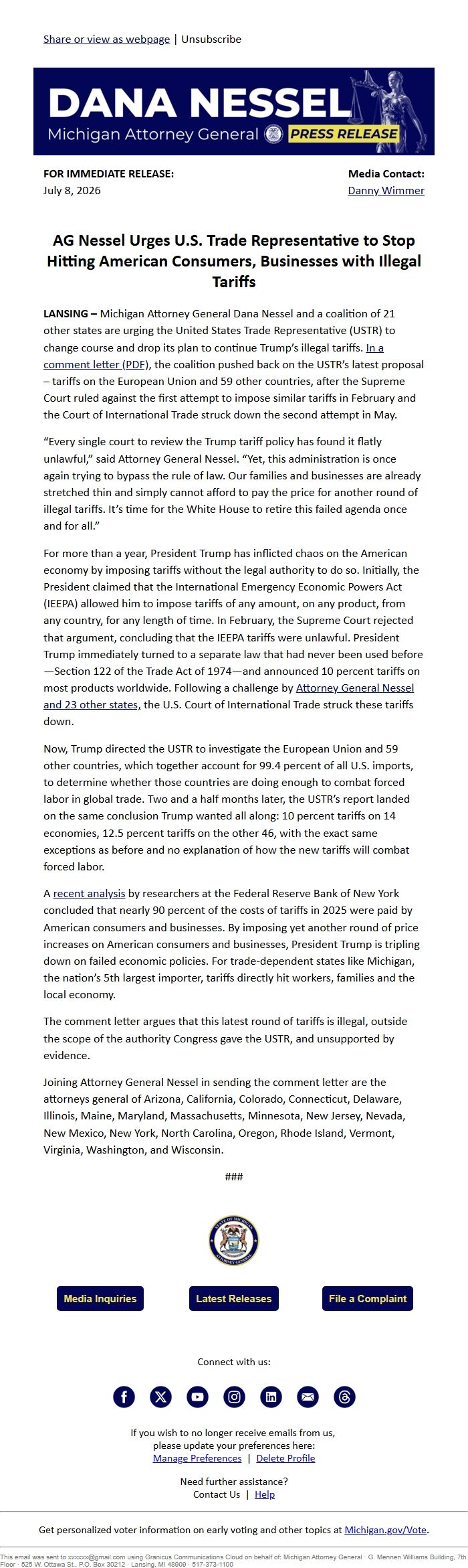 Screenshot of the email generated on import