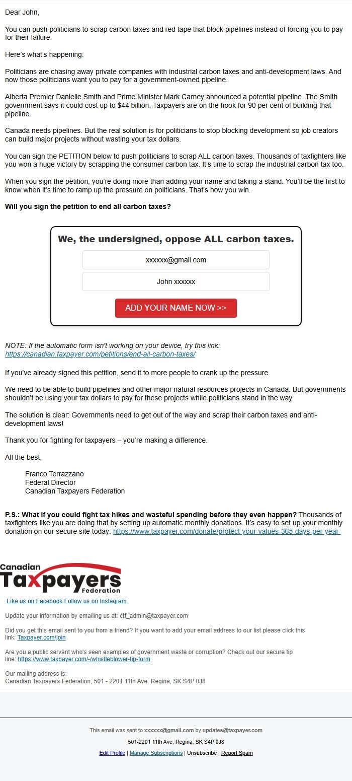 Screenshot of the email generated on import