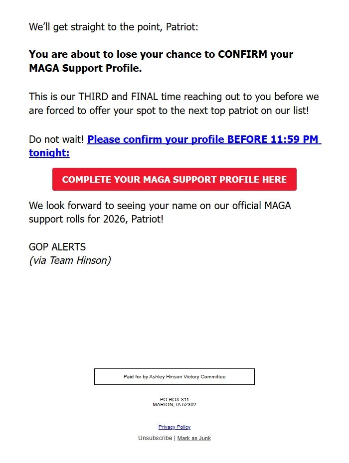 Screenshot of the email generated on import