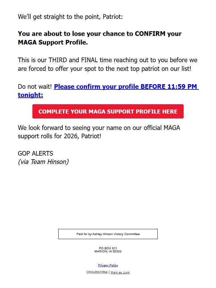 Screenshot of the email generated on import