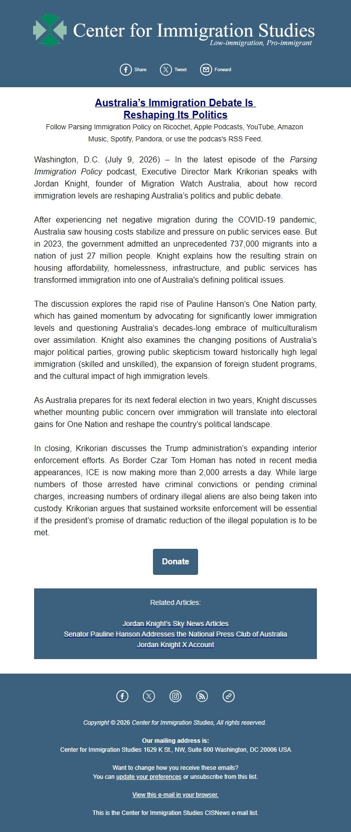 Screenshot of the email generated on import