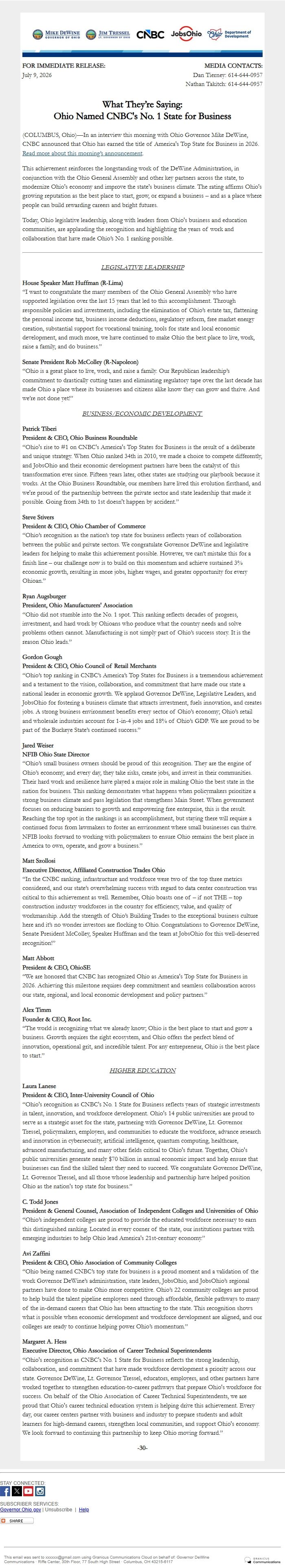 Screenshot of the email generated on import
