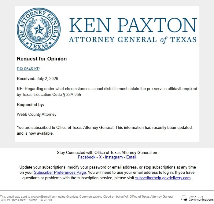 Screenshot of the email generated on import