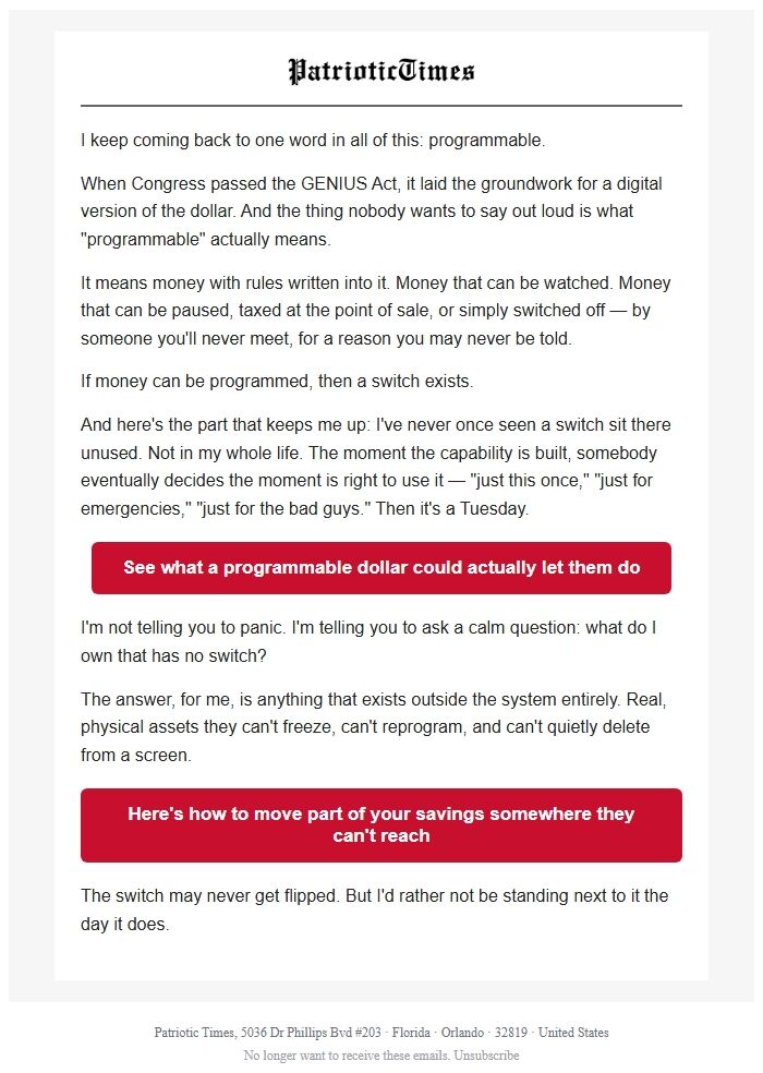 Screenshot of the email generated on import