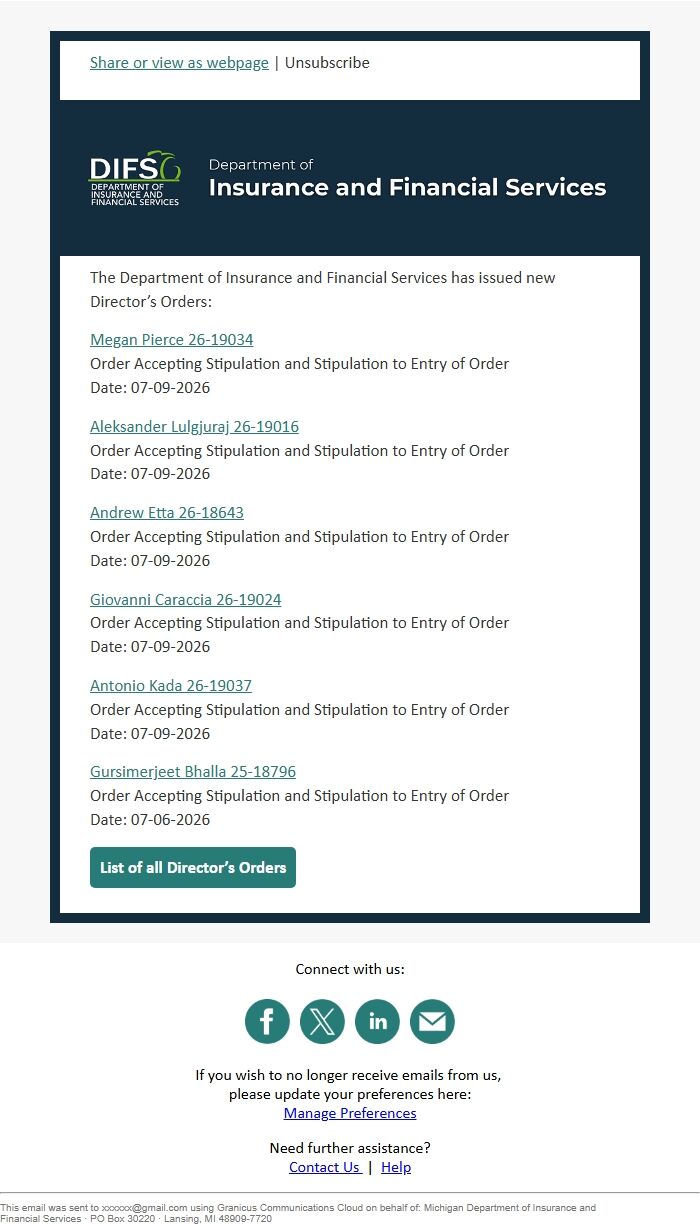 Screenshot of the email generated on import