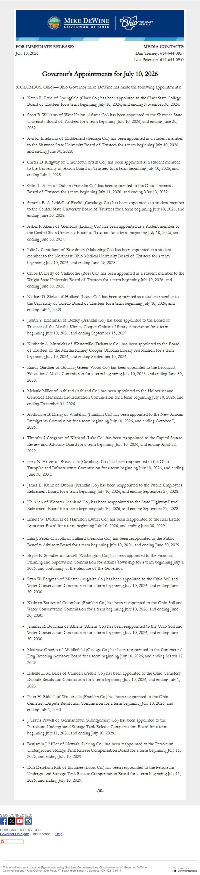 Screenshot of the email generated on import