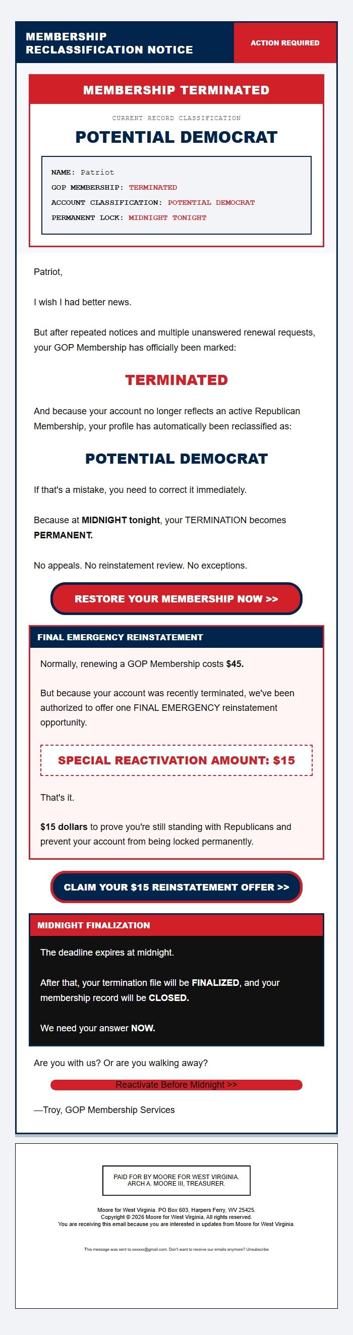 Screenshot of the email generated on import