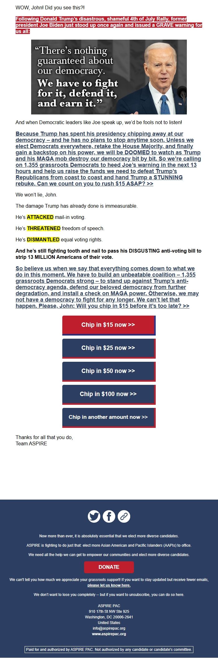 Screenshot of the email generated on import