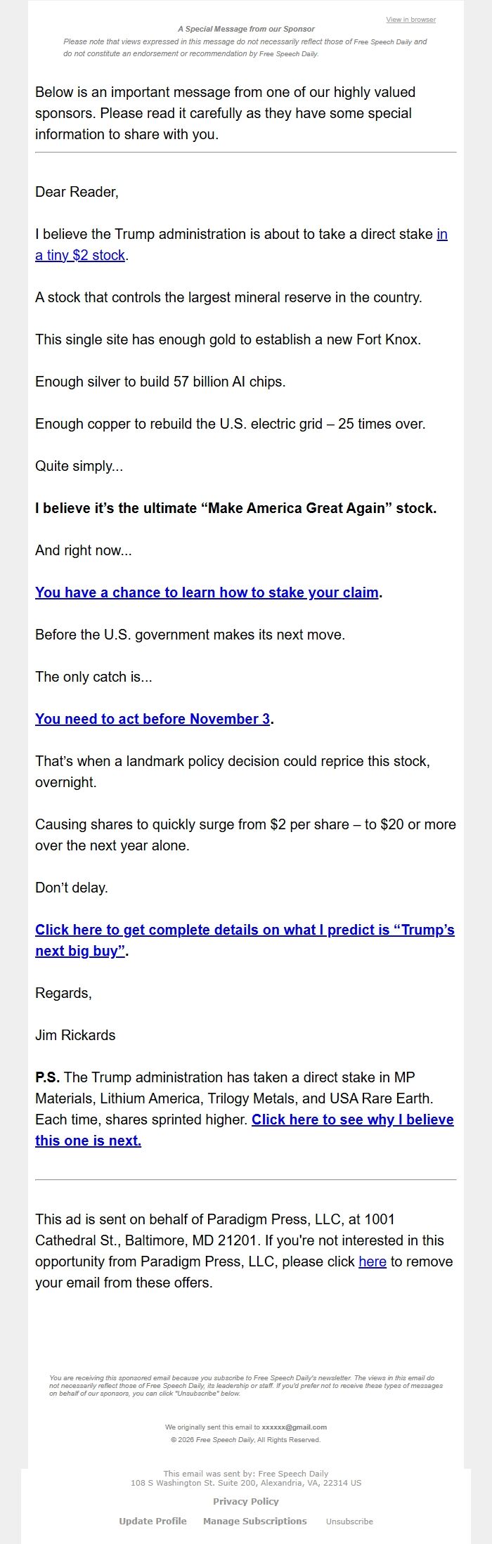 Screenshot of the email generated on import