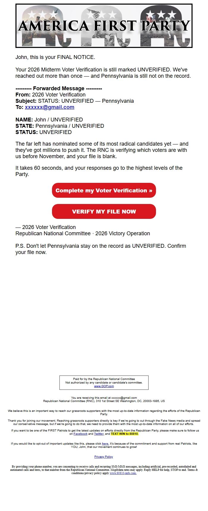 Screenshot of the email generated on import