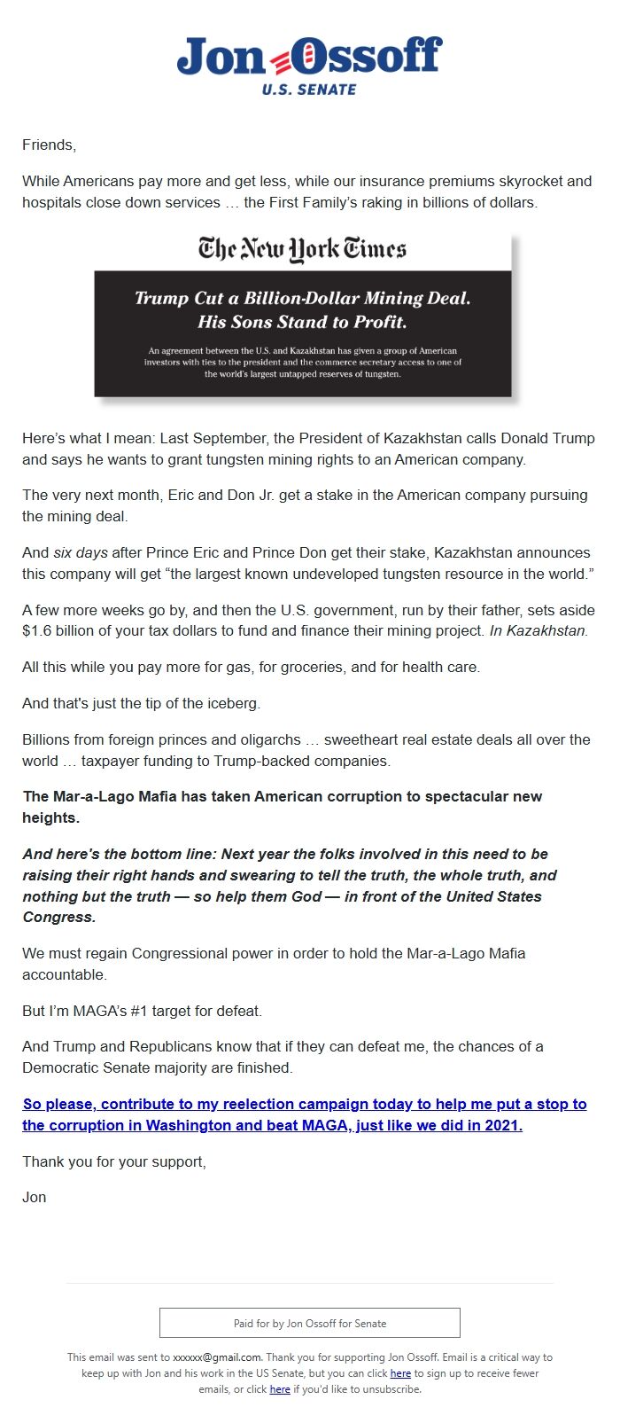 Screenshot of the email generated on import