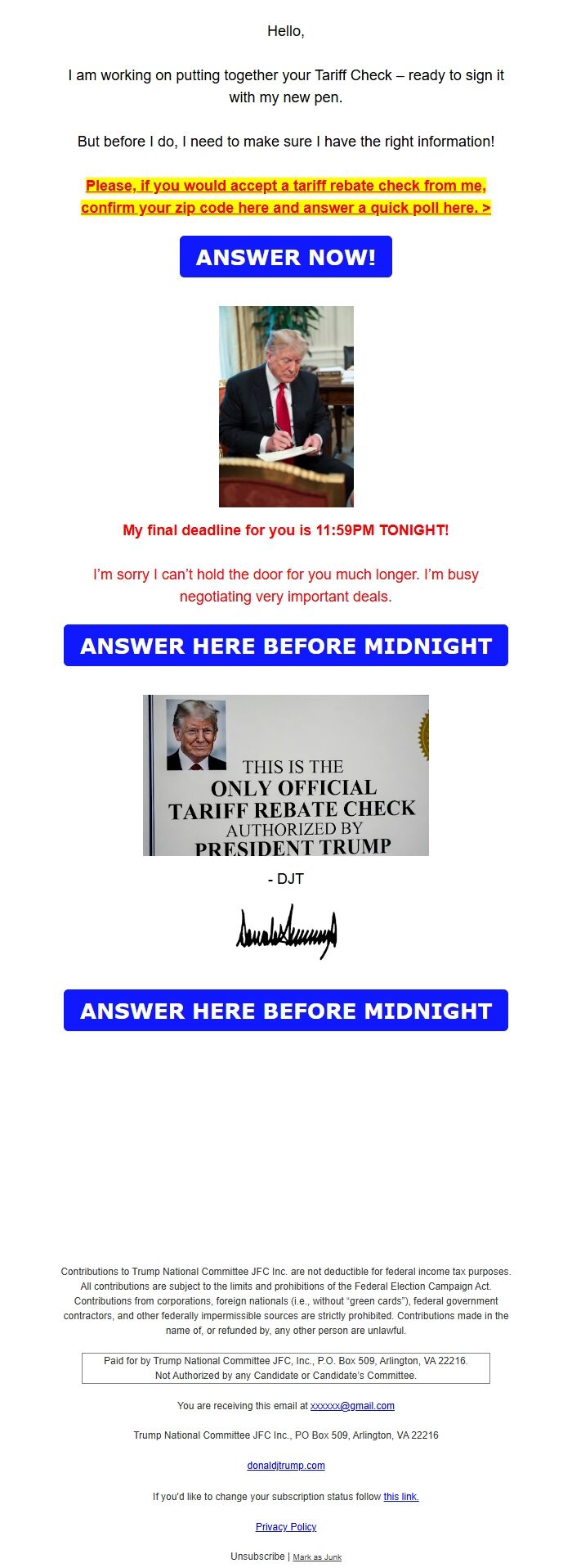 Screenshot of the email generated on import