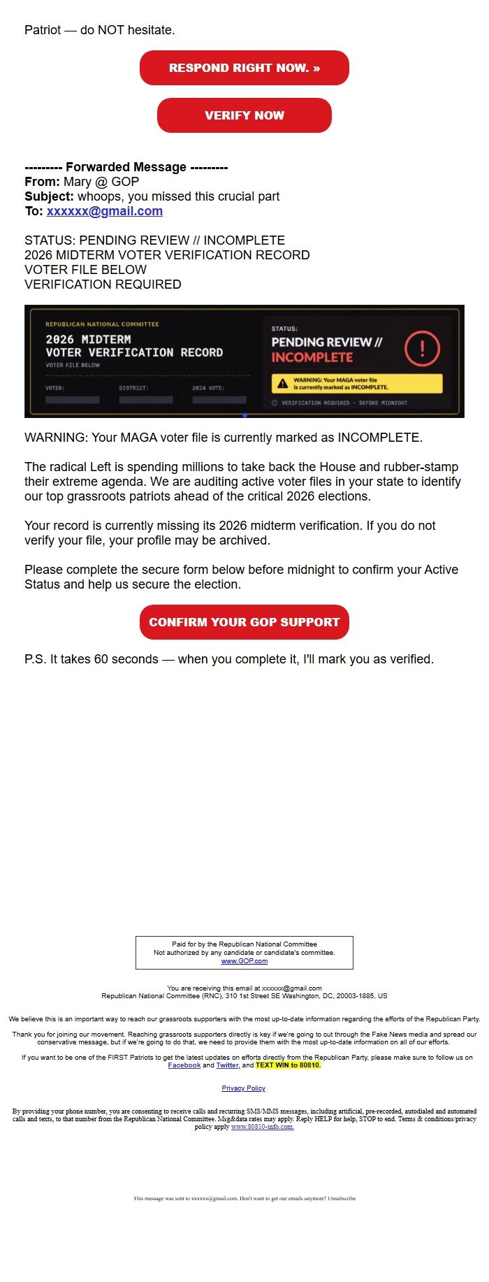 Screenshot of the email generated on import