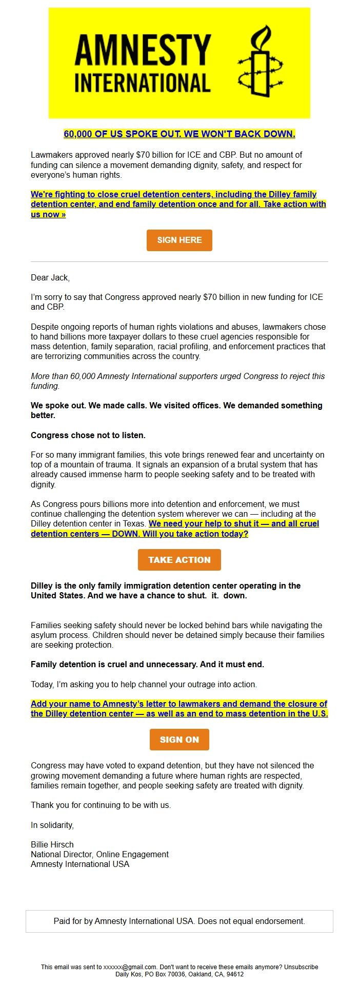 Screenshot of the email generated on import