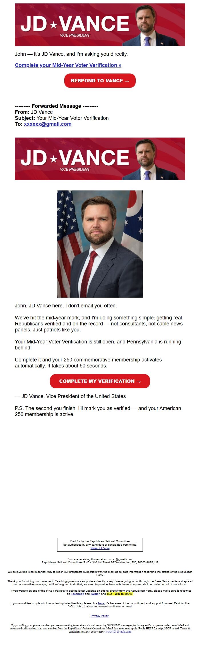 Screenshot of the email generated on import