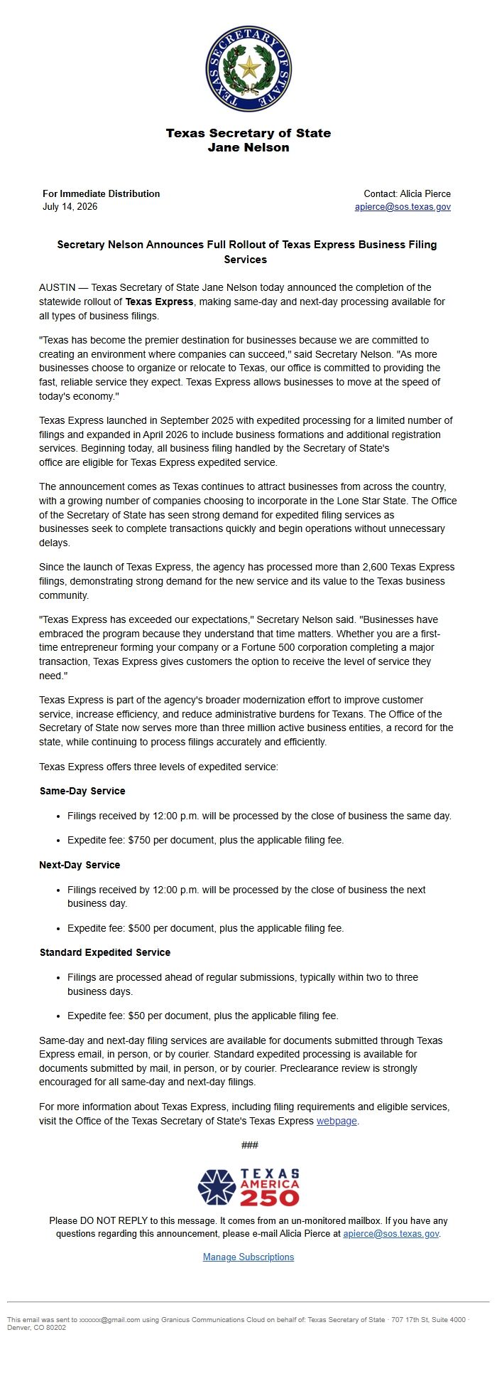 Screenshot of the email generated on import