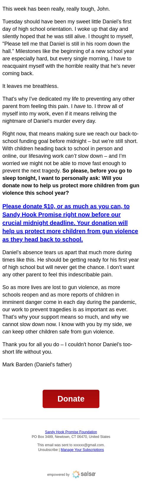 Screenshot of the email generated on import