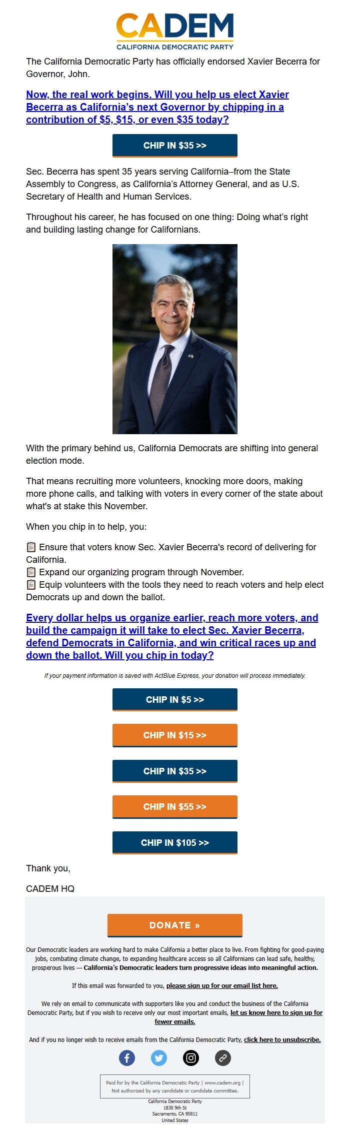 Screenshot of the email generated on import