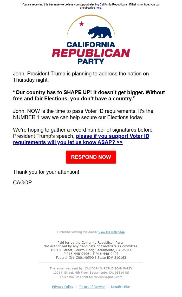 Screenshot of the email generated on import