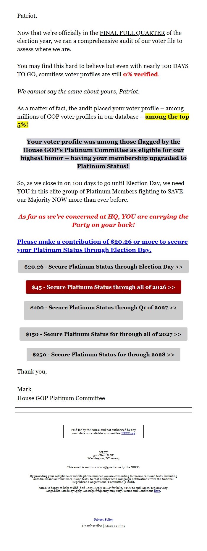 Screenshot of the email generated on import