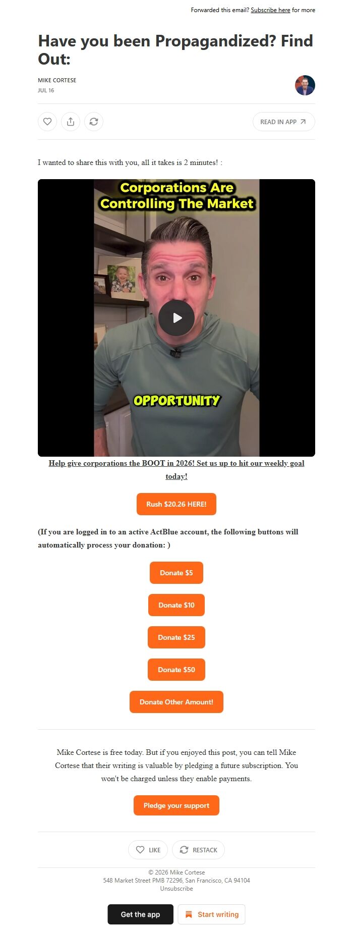 Screenshot of the email generated on import