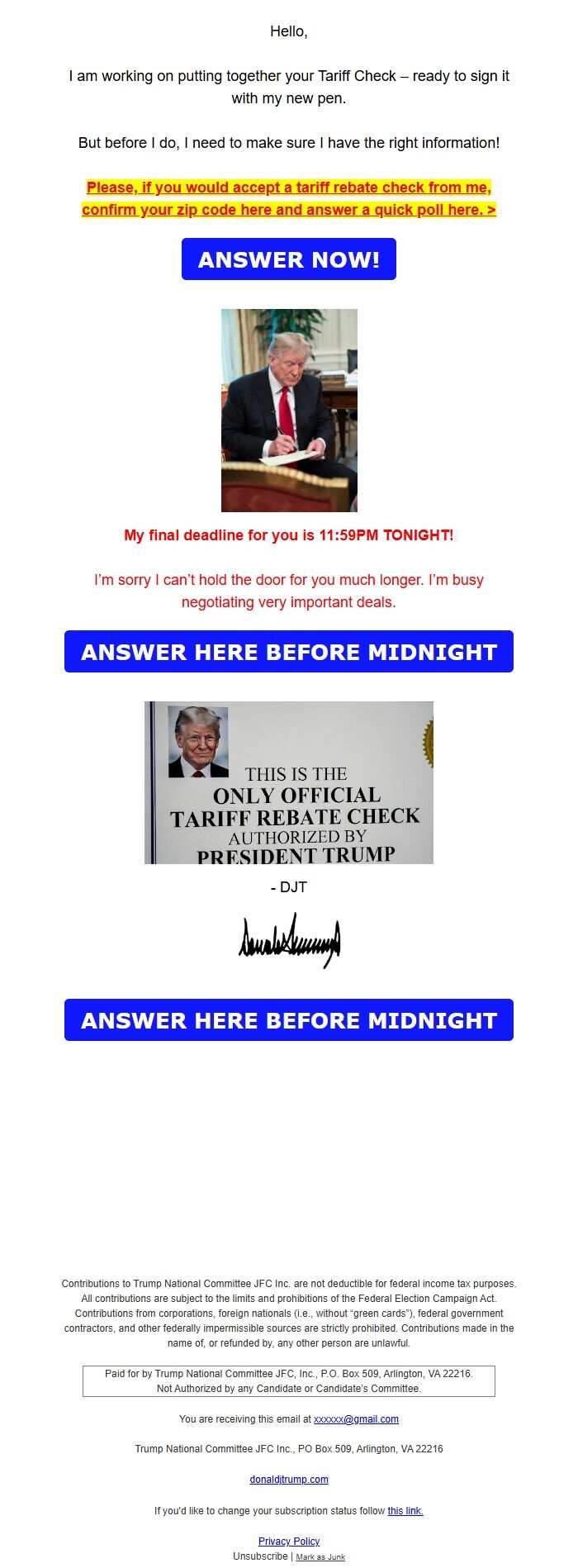 Screenshot of the email generated on import