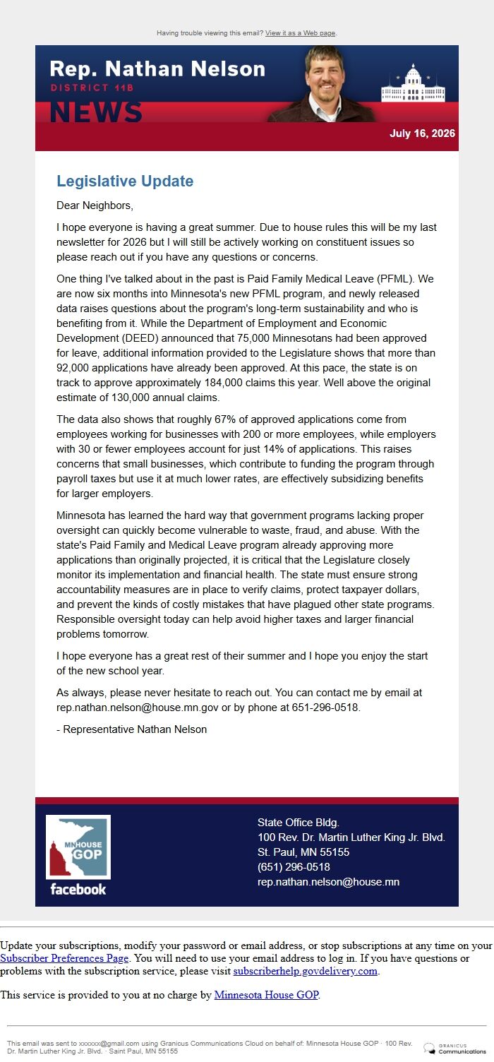 Screenshot of the email generated on import