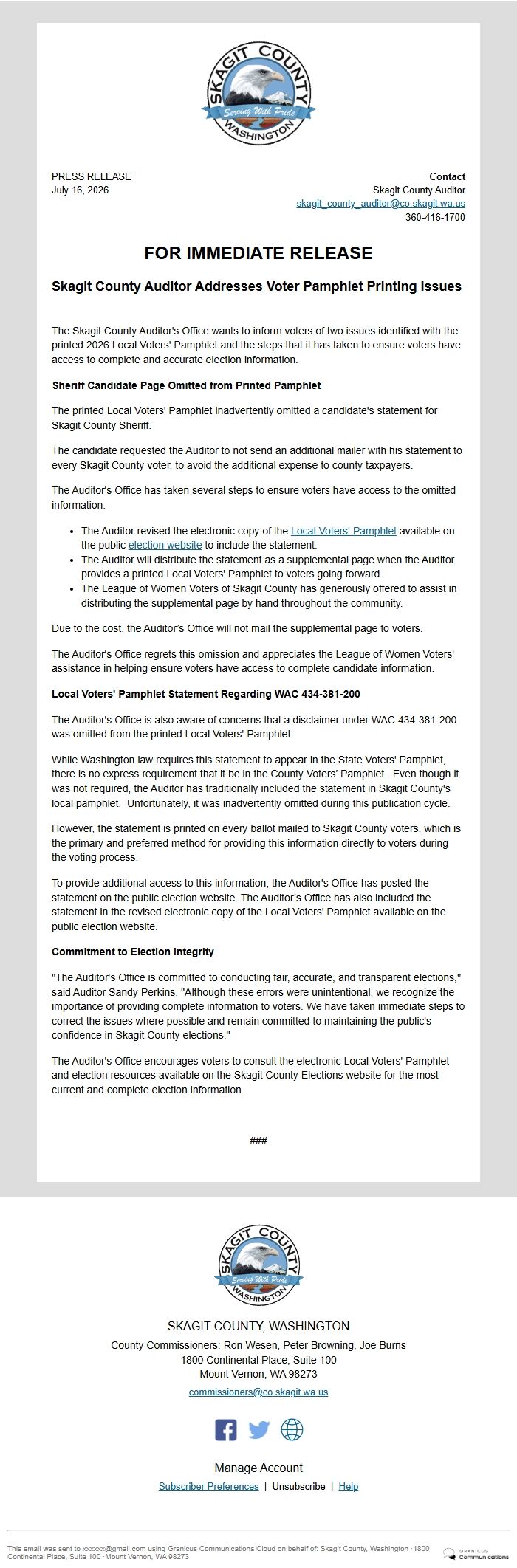 Screenshot of the email generated on import