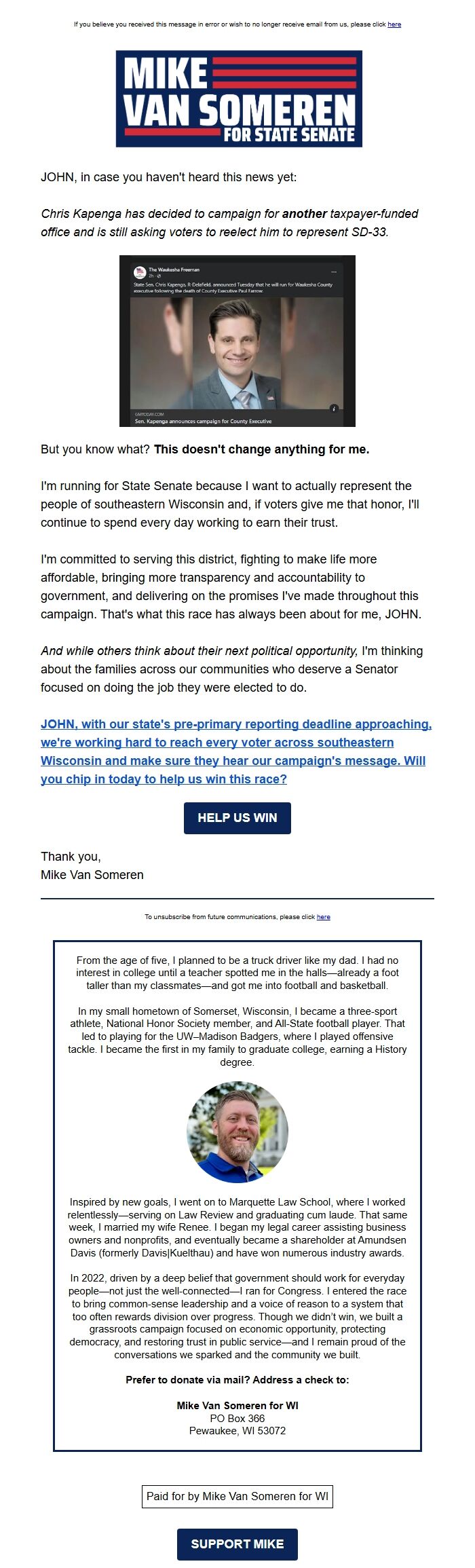 Screenshot of the email generated on import