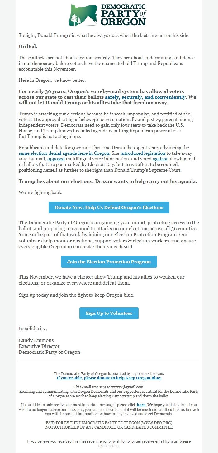 Screenshot of the email generated on import
