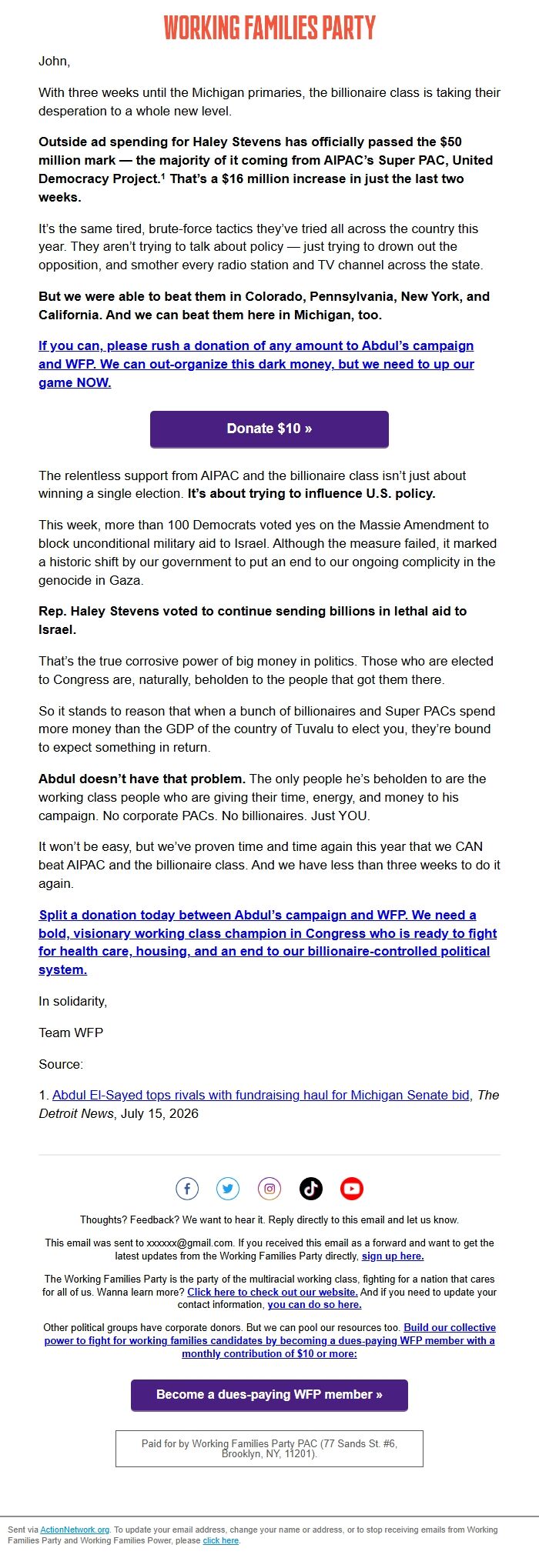 Screenshot of the email generated on import