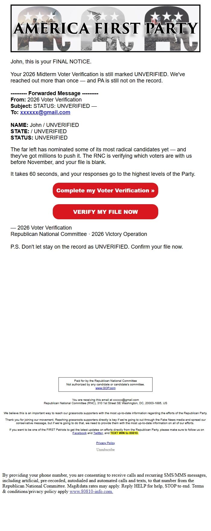 Screenshot of the email generated on import