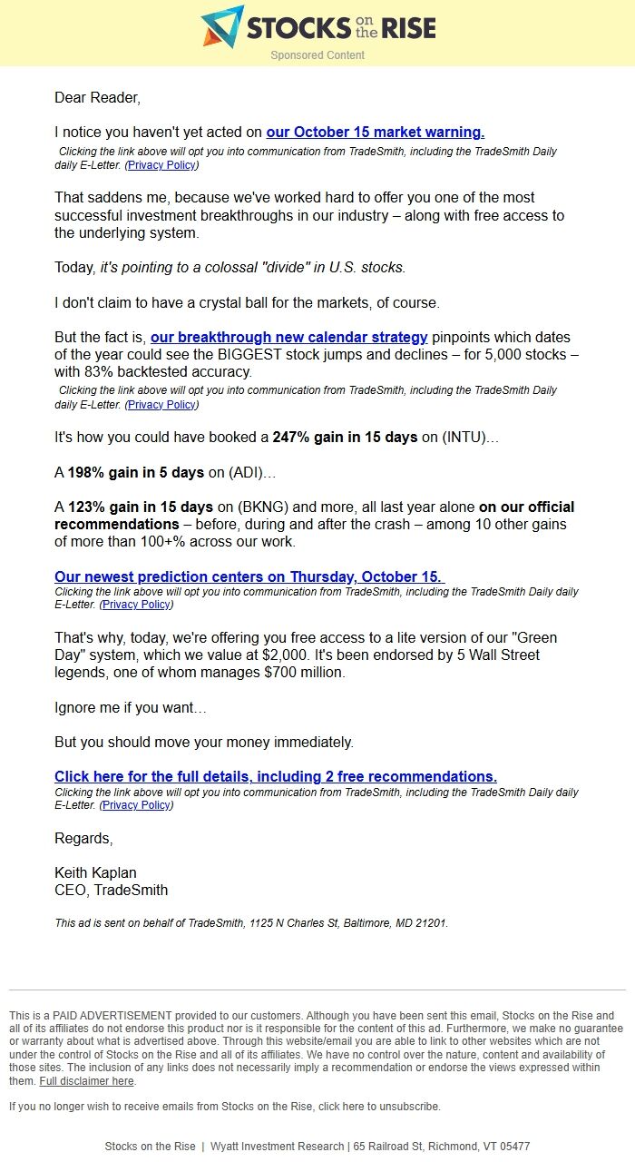 Screenshot of the email generated on import