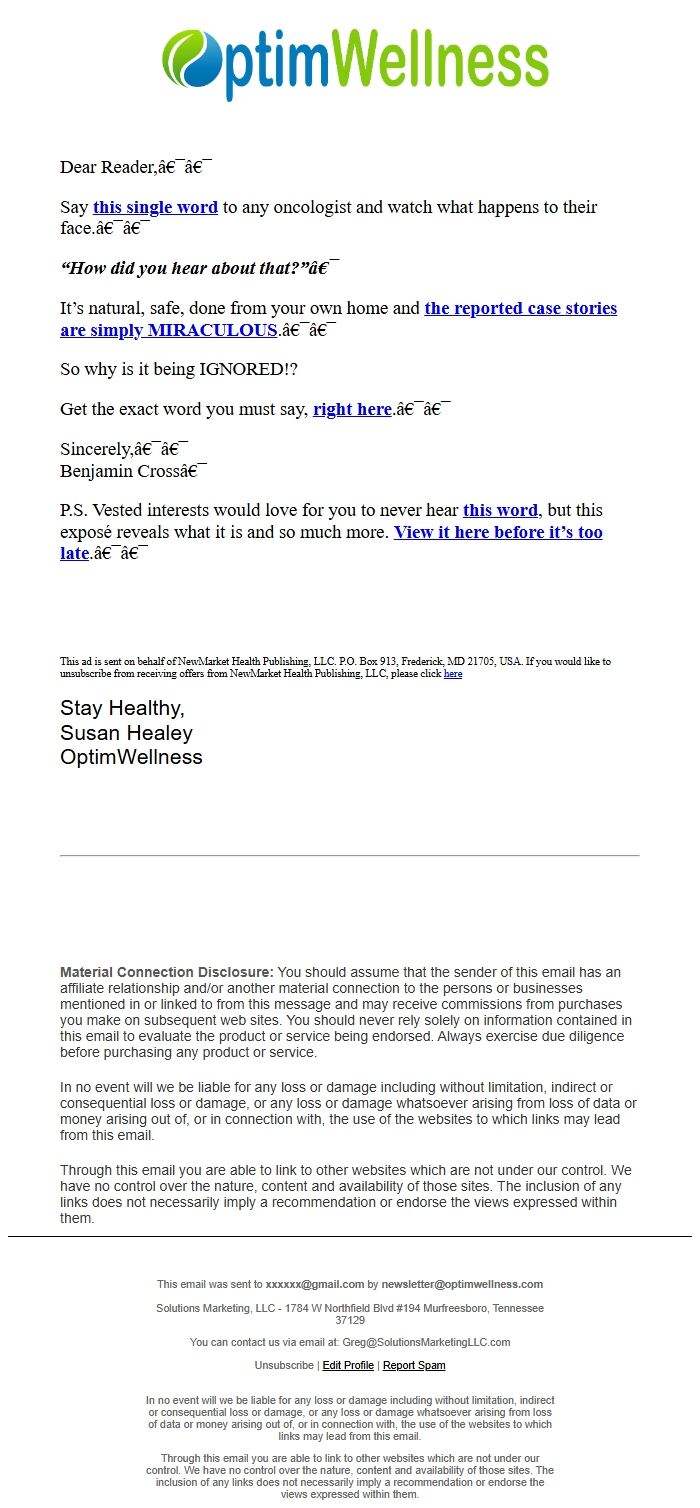 Screenshot of the email generated on import