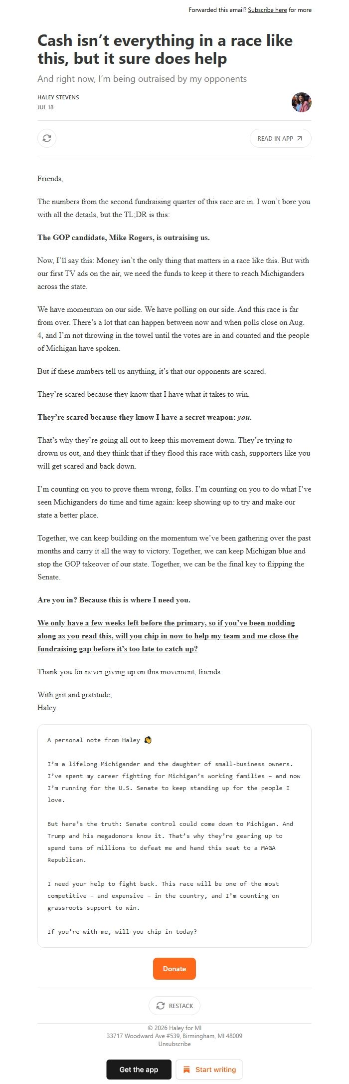 Screenshot of the email generated on import
