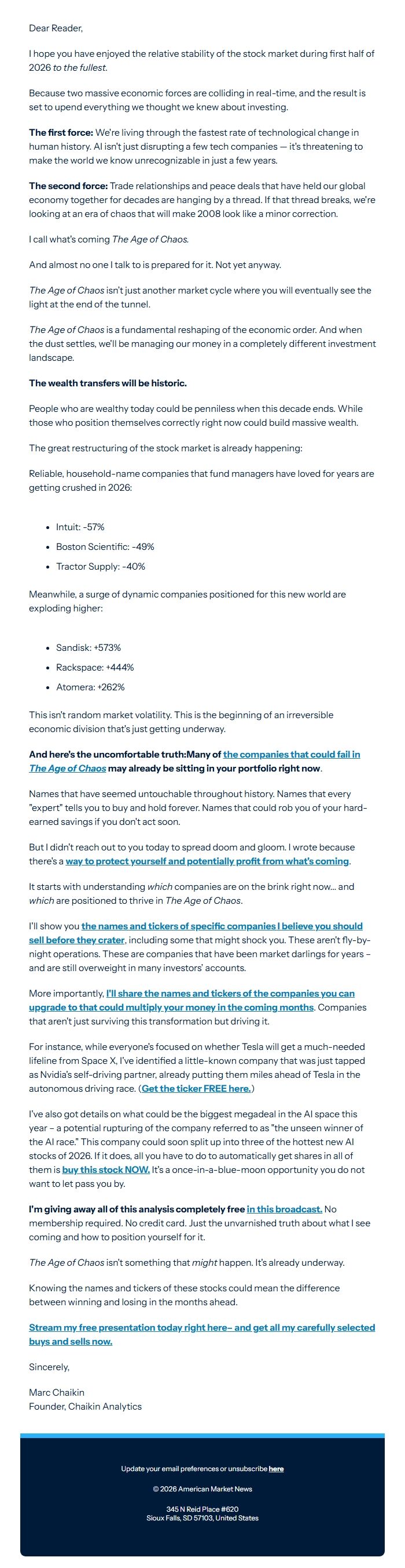 Screenshot of the email generated on import