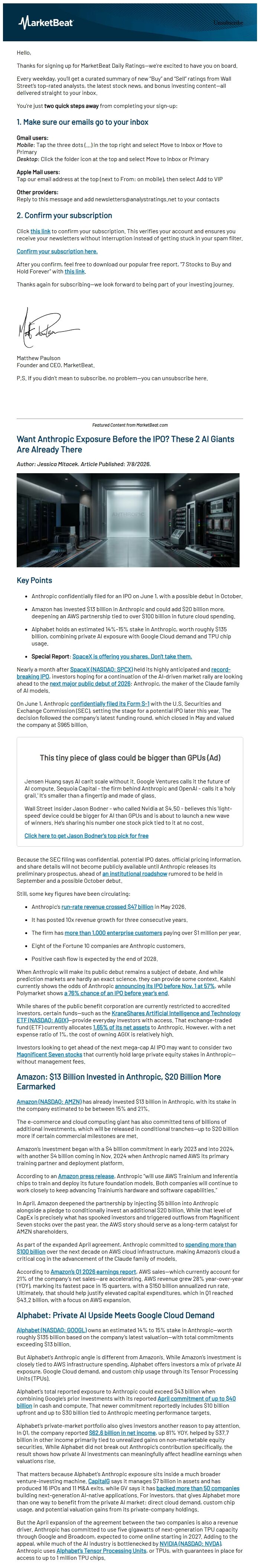 Screenshot of the email generated on import