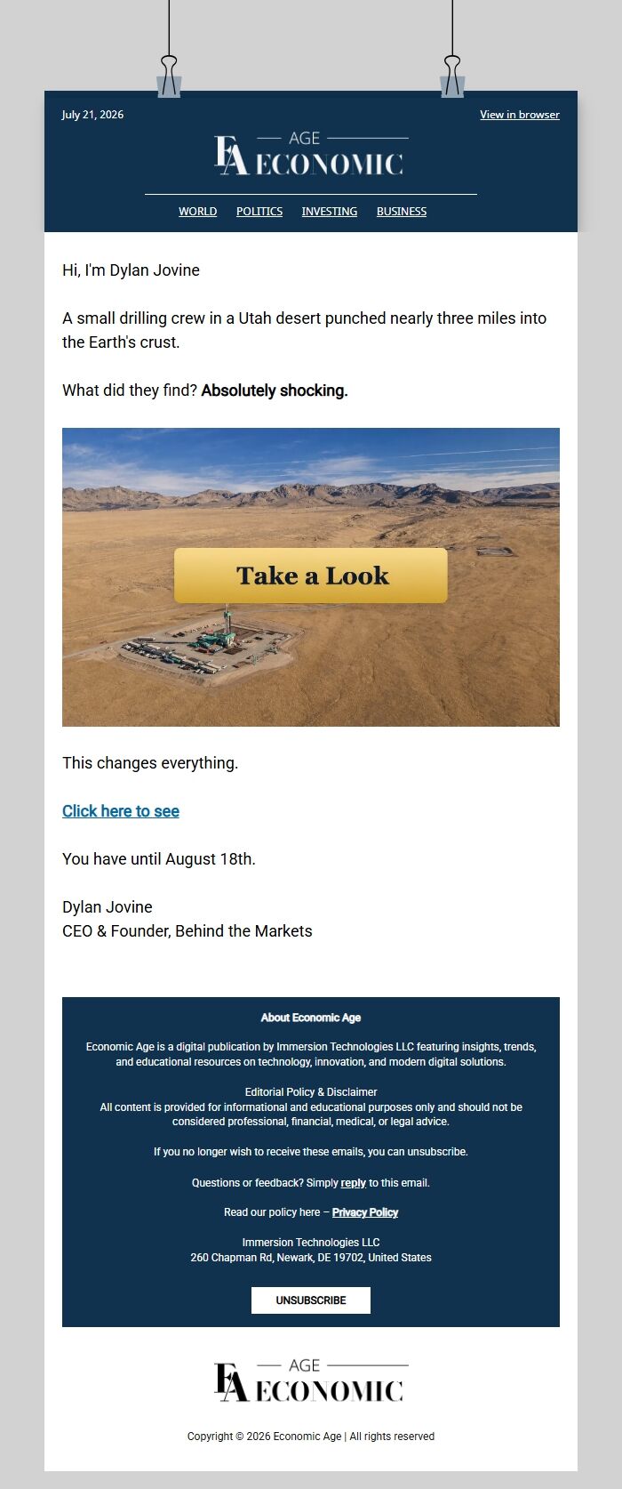 Screenshot of the email generated on import