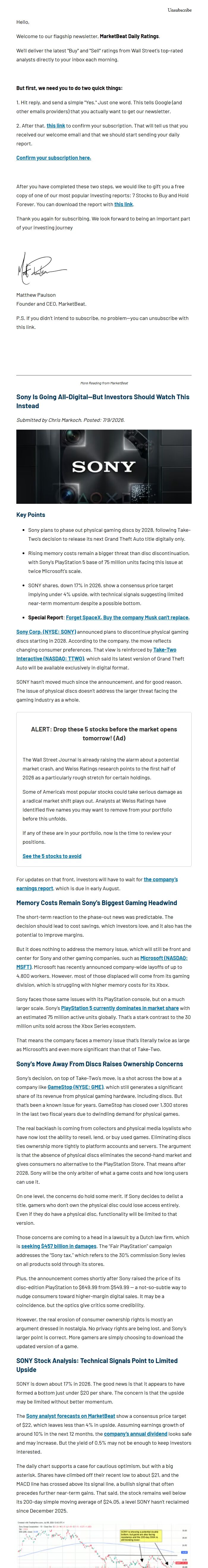 Screenshot of the email generated on import