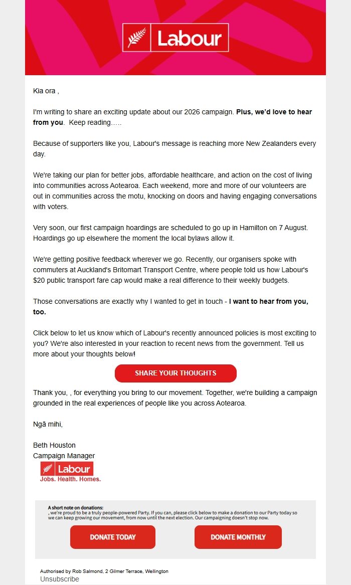 Screenshot of the email generated on import